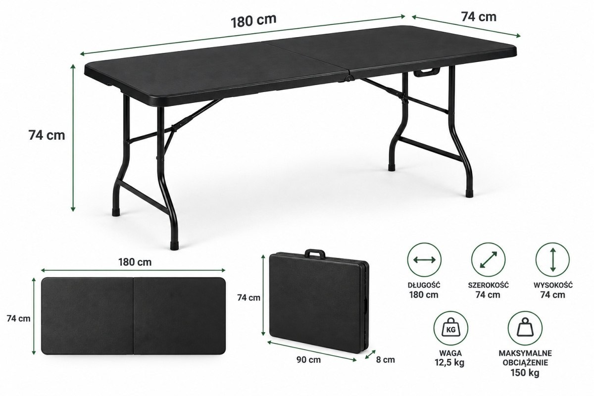 Zahradní stůl skládací 180 cm černý HDPE kufr kempingový 00012280